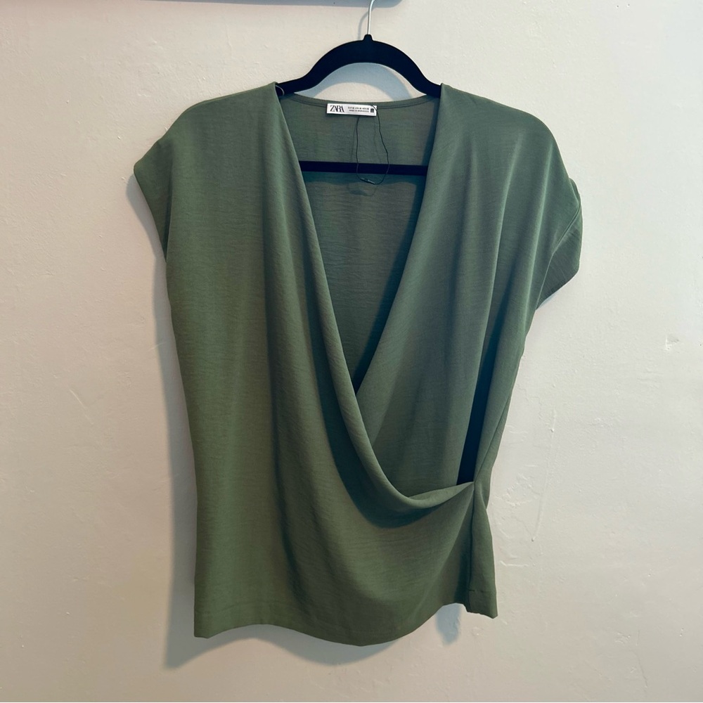 Zara Green Asymmetrical Wrap Blouse with Cap Sleeves